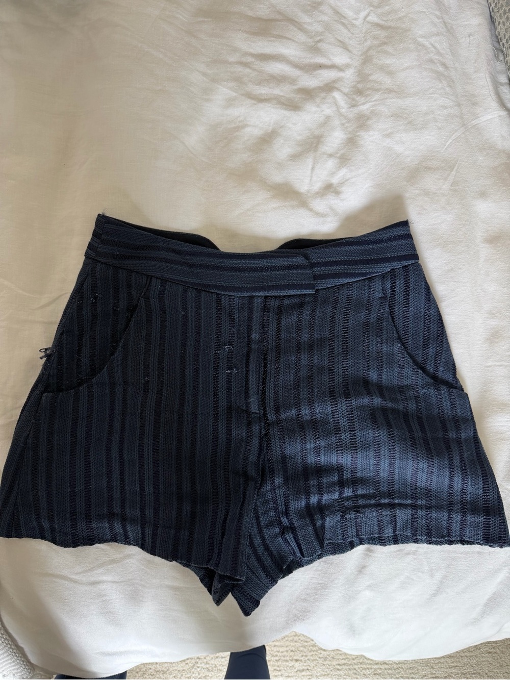 Veronica Beard Navy Black Striped High-Waist Shorts
